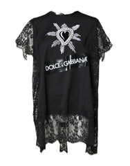 Dolce & Gabbana Black Lace Sheer Sacred Heart Crew Neck Top - IT40|S - T-Shirts