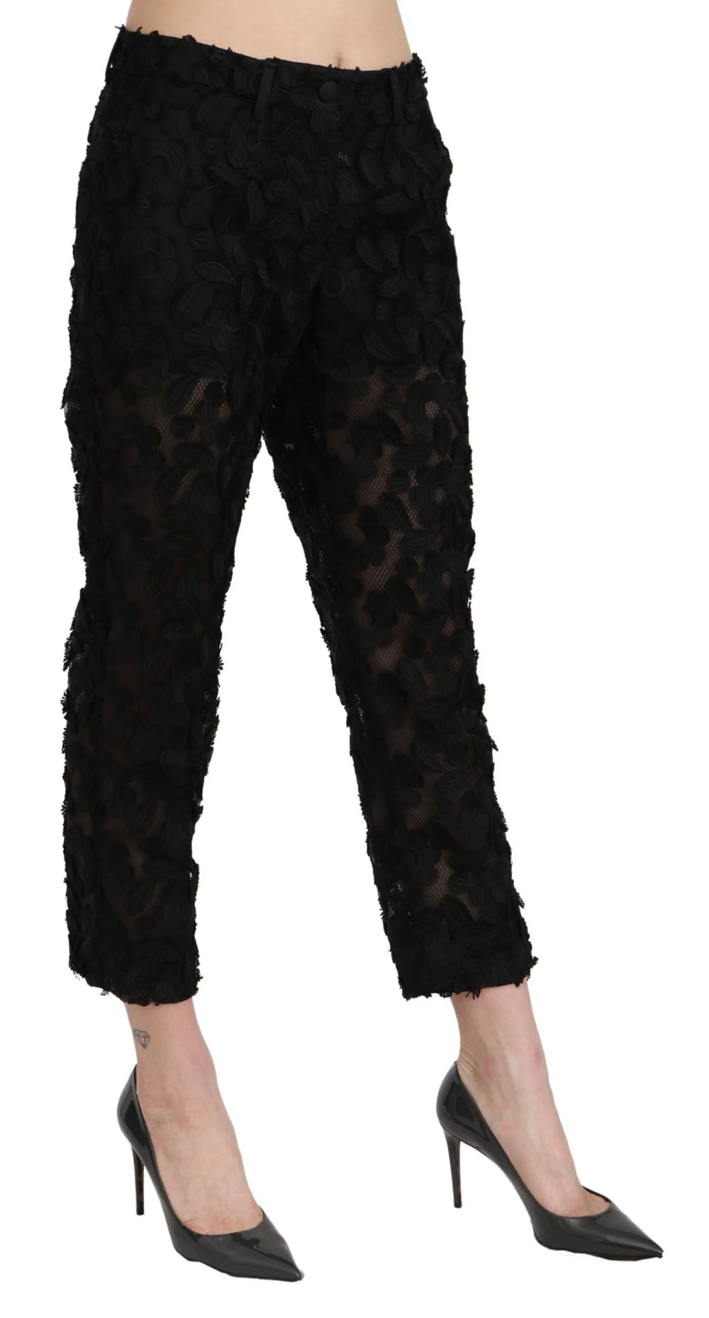 Dolce & Gabbana Black Lace Straight Cropped High Waist Pants - Trousers