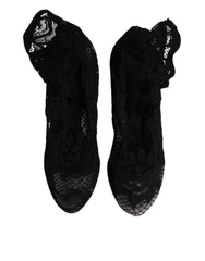 Dolce & Gabbana Black Lace Stretch Heels Mid Calf Boots Shoes - EU37.5/US7 - Boots