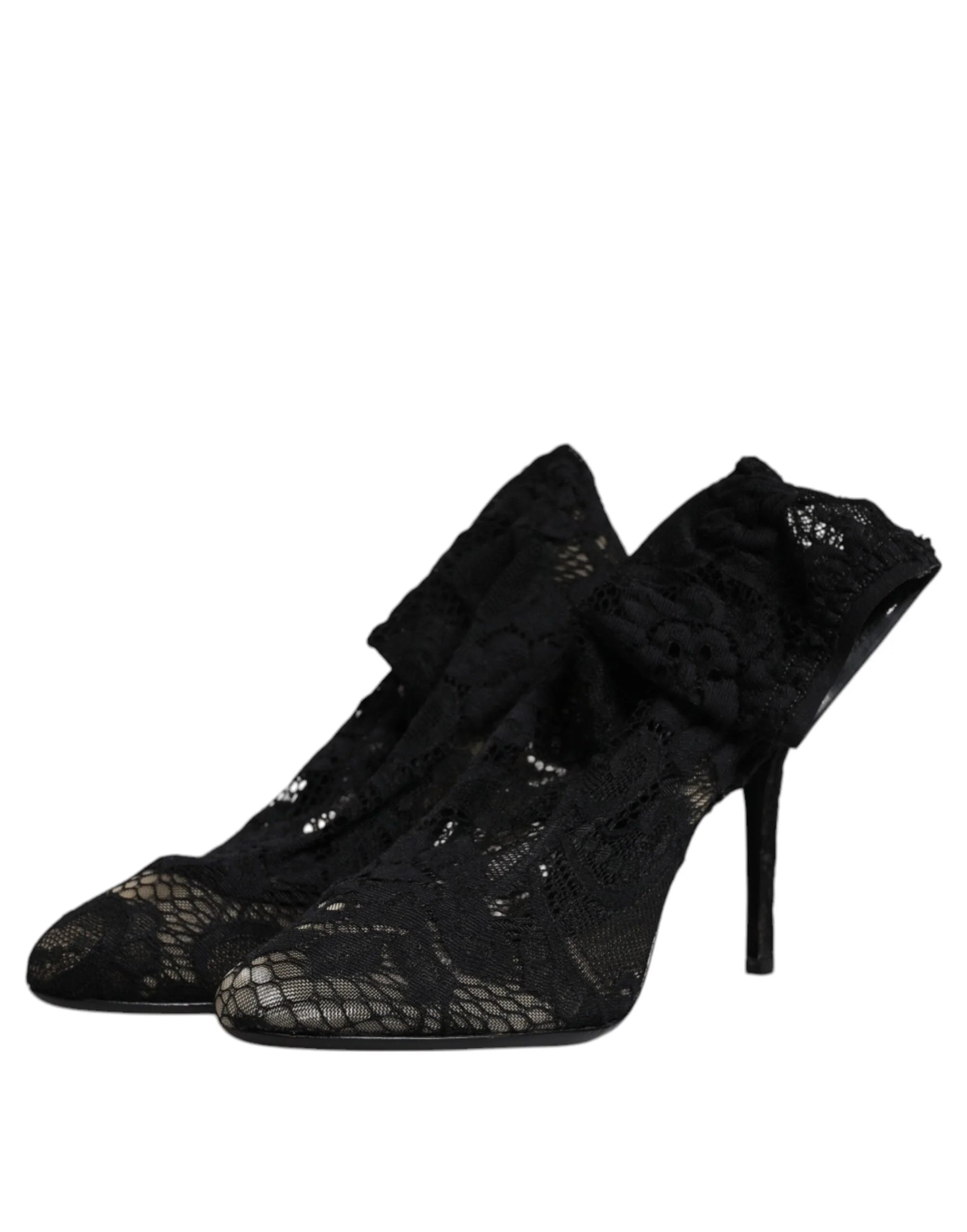 Dolce & Gabbana Black Lace Stretch Heels Mid Calf Boots Shoes - EU37.5/US7 - Boots