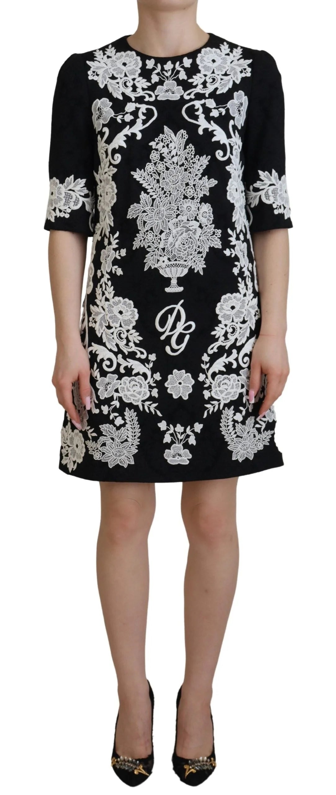 Dolce & Gabbana Black Lace Trim Half Sleeves A-line Dress - IT42|M - Dresses