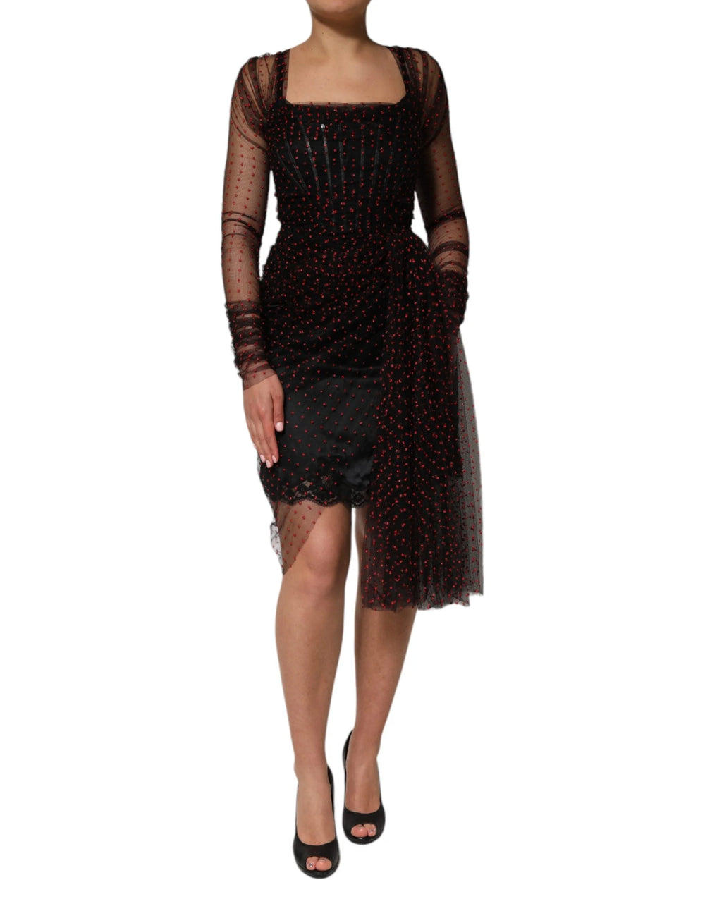 Dolce & Gabbana Black Lace Trim Long Sleeve Sheath Mini Dress - IT40|S - Dresses