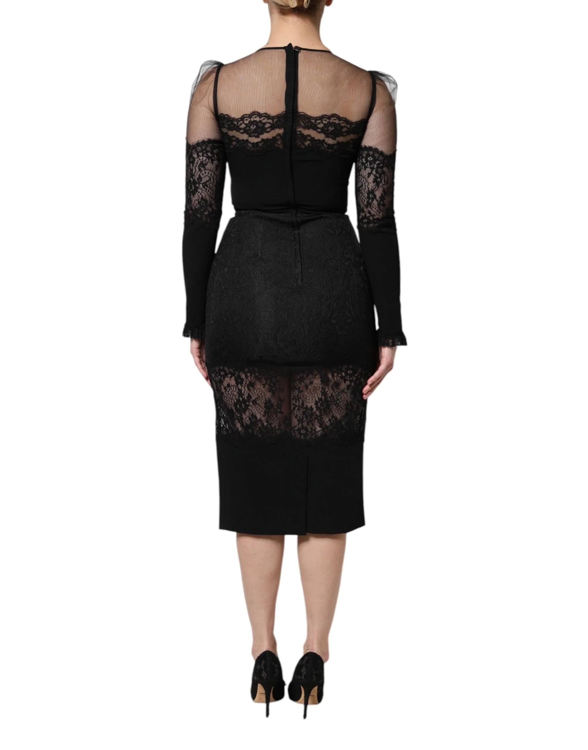 Dolce & Gabbana Black Lace Trim Nylon Tulle SheathMidi Dress - IT38 | XS - Dresses