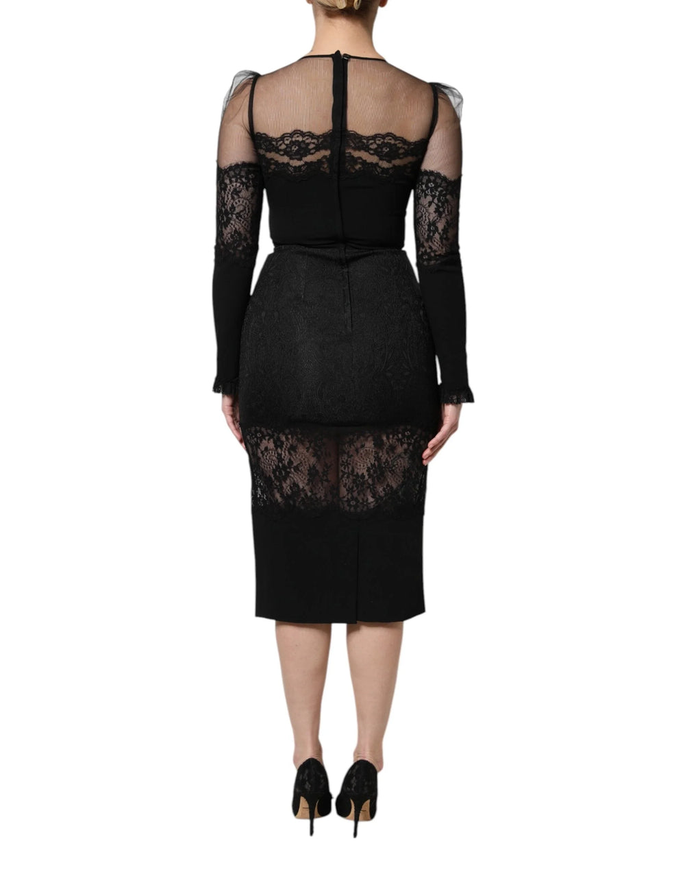 Dolce & Gabbana Black Lace Trim Nylon Tulle SheathMidi Dress - IT38 | XS - Dresses