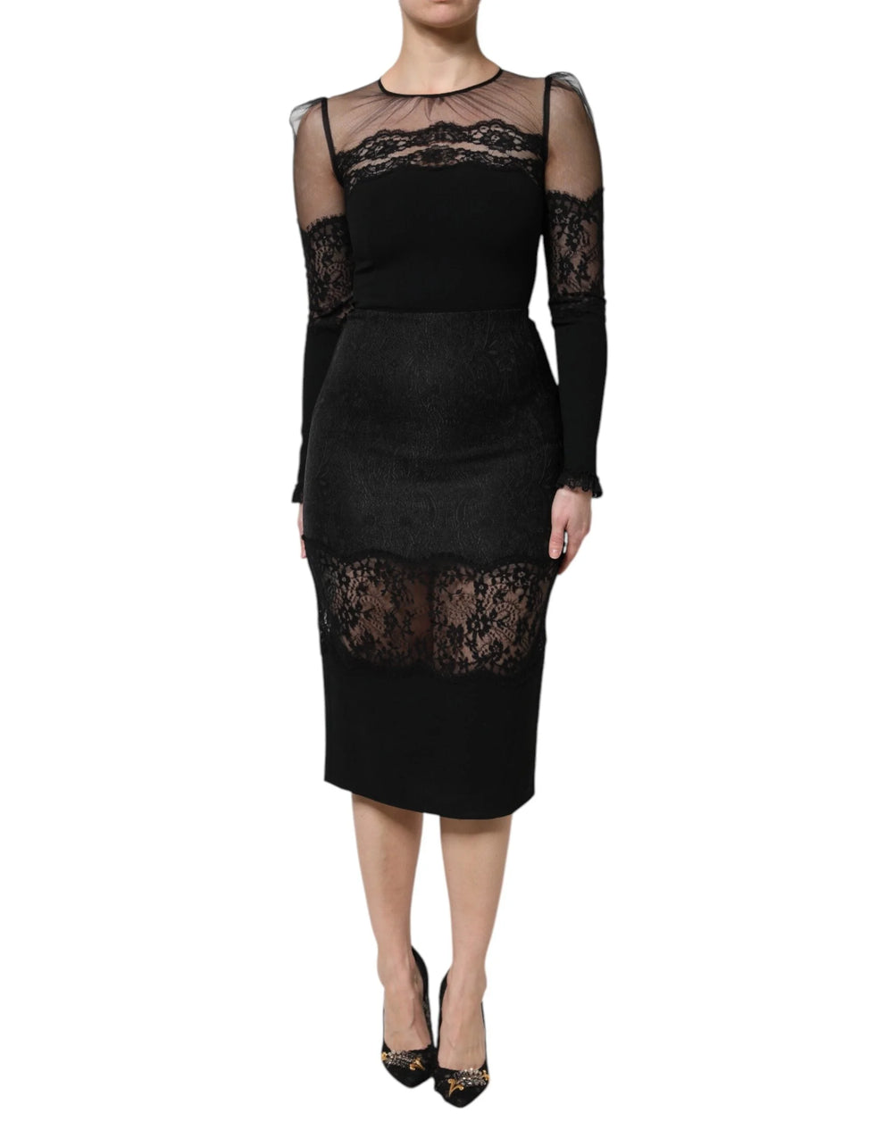 Dolce & Gabbana Black Lace Trim Nylon Tulle SheathMidi Dress - IT38 | XS - Dresses