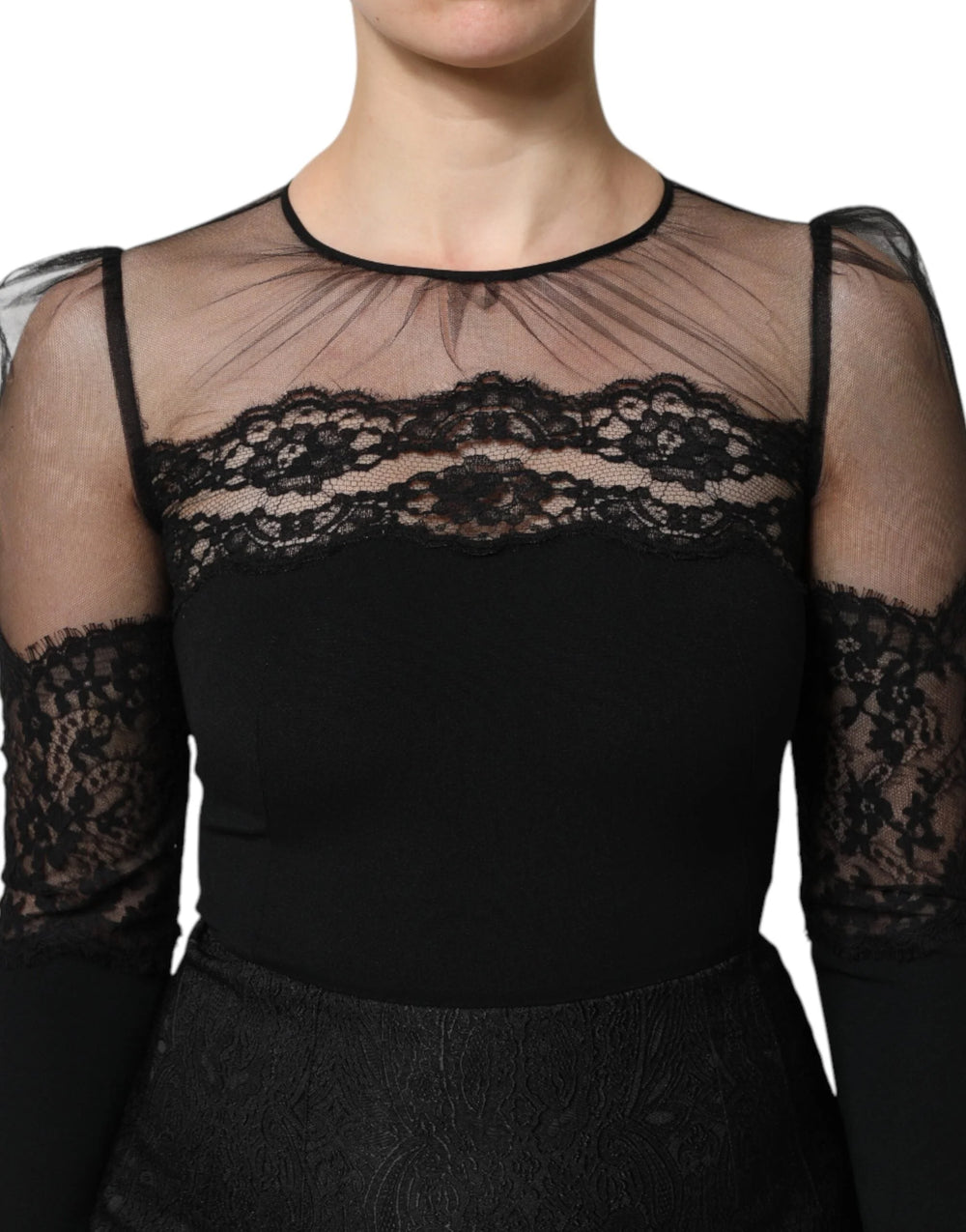 Dolce & Gabbana Black Lace Trim Nylon Tulle SheathMidi Dress - IT38 | XS - Dresses