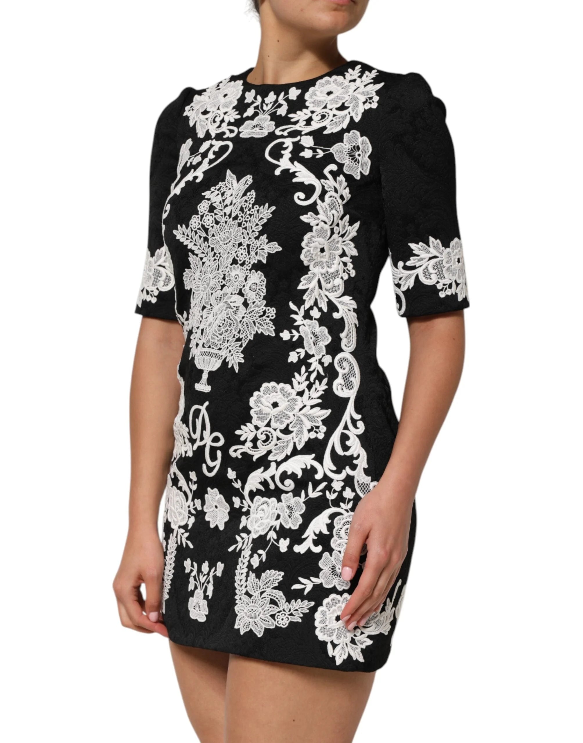 Dolce & Gabbana Black Lace Trim Short Sleeves A-line Dress - Dresses