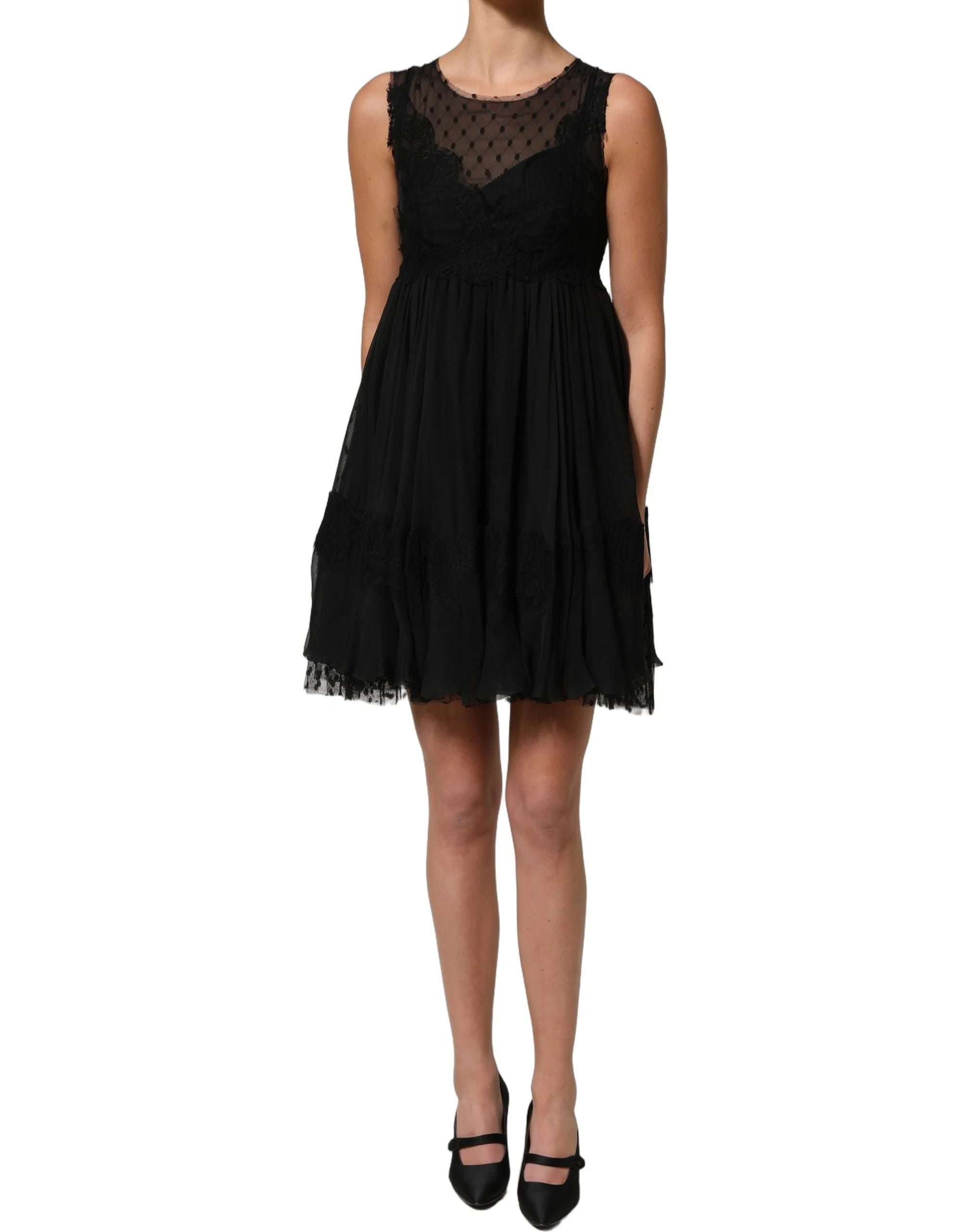 Dolce & Gabbana Black Lace Trim Sleeveless A-line Mini Dress - IT36|XXS