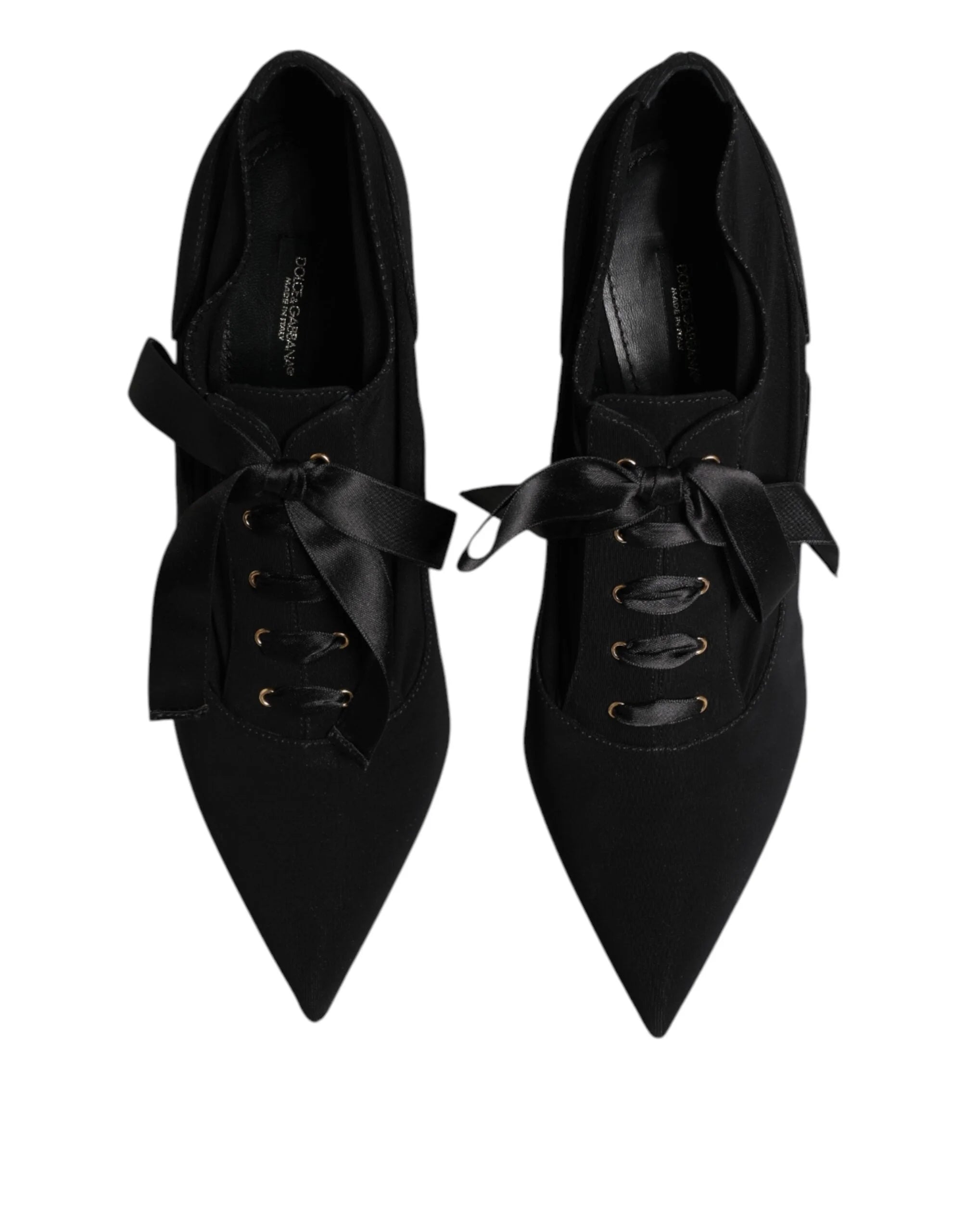 Side profile of Dolce & Gabbana black stilettos showing the sleek 10 cm heel and refined viscose-blend texture.