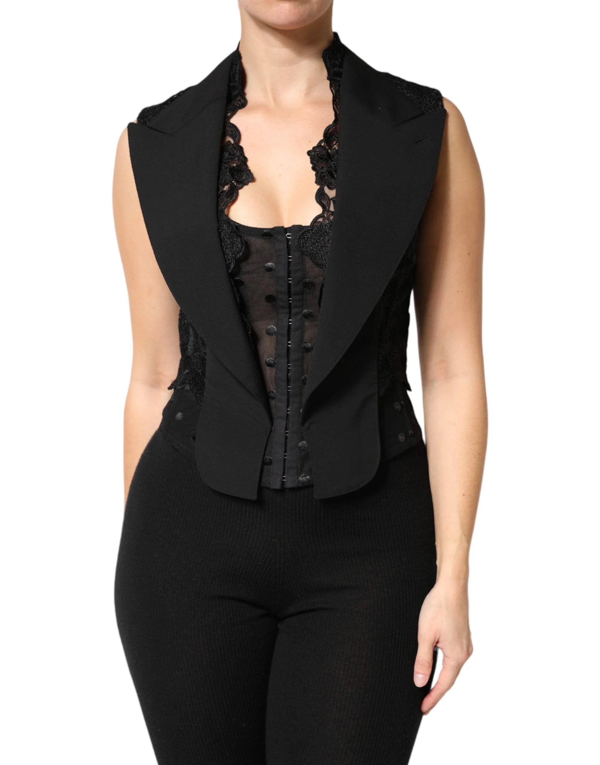 Dolce & Gabbana Black Lace V-neck Slit Hem Gathered Waist Vest Jacket - IT40|S