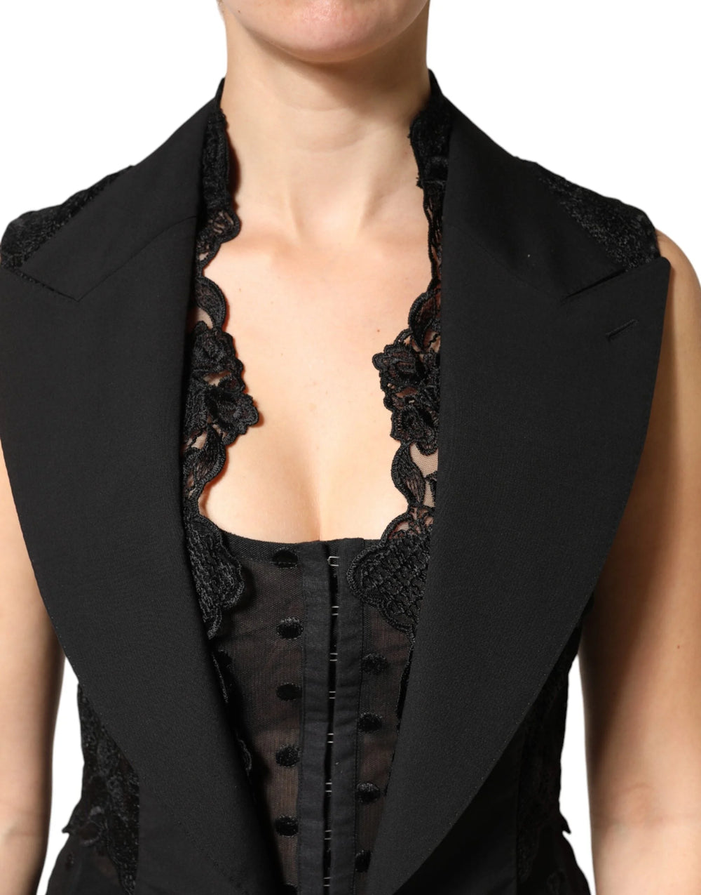 Dolce & Gabbana Black Lace V-neck Slit Hem Gathered Waist Vest Jacket - IT40|S