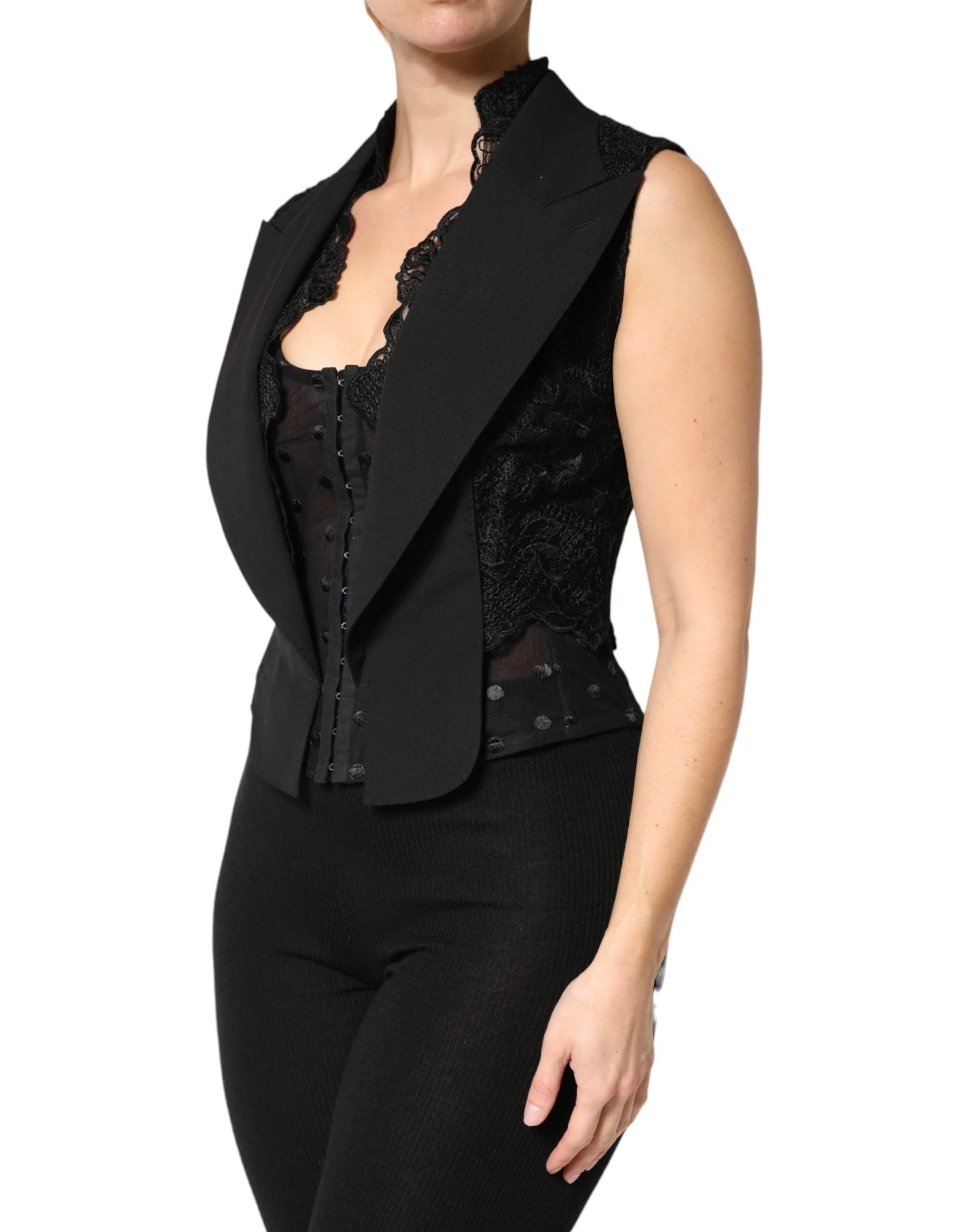 Dolce & Gabbana Black Lace V-neck Slit Hem Gathered Waist Vest Jacket - IT40|S
