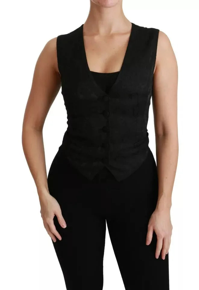 Dolce & Gabbana Black Lace Waistcoat Slim Vest Silk Top - IT40|S - Tank Tops