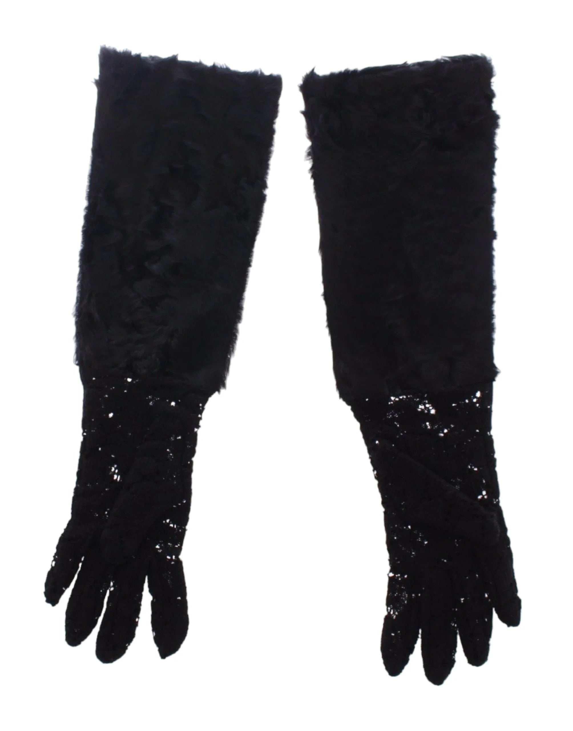 Dolce & Gabbana Black Lace Wool Lambskin Fur Elbow Gloves - Gloves & Mittens