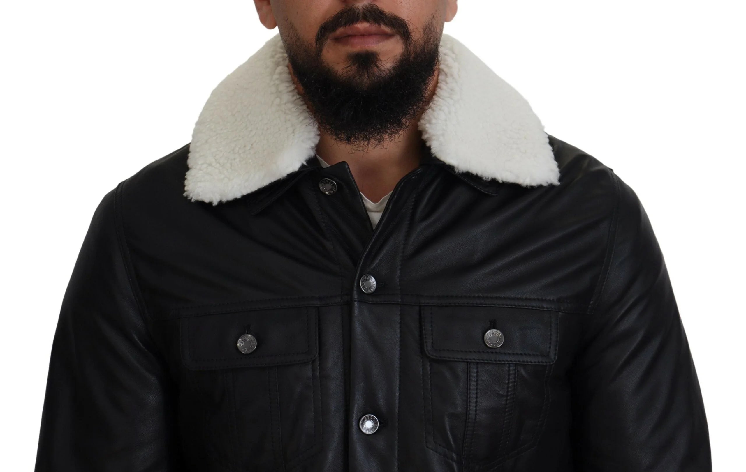 Dolce & Gabbana Black Lamb Leather Collared Men Coat Jacket - IT48 | M - Bomber Jackets