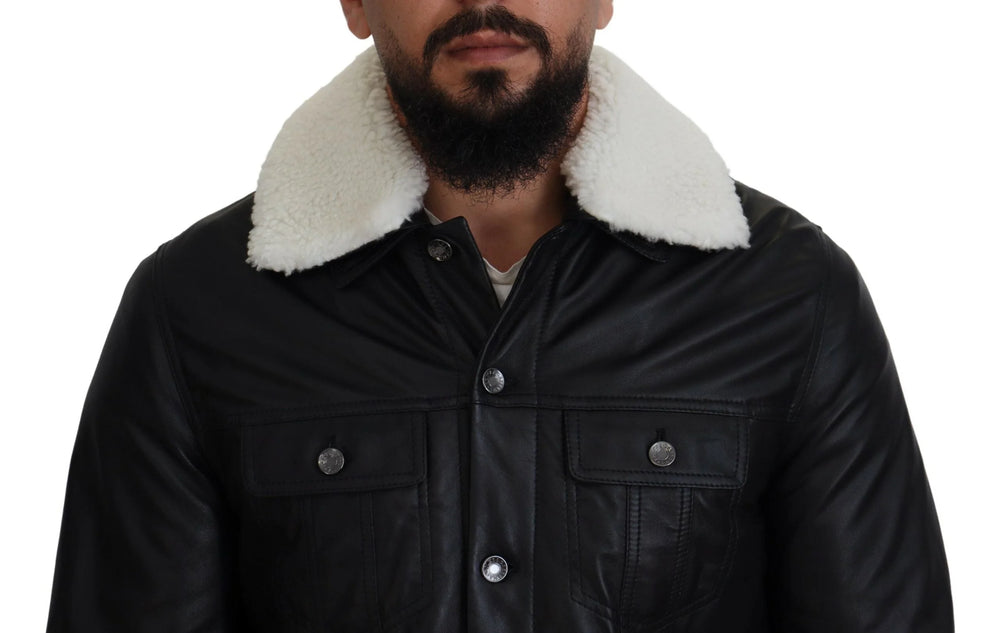 Dolce & Gabbana Black Lamb Leather Collared Men Coat Jacket - IT48 | M - Bomber Jackets