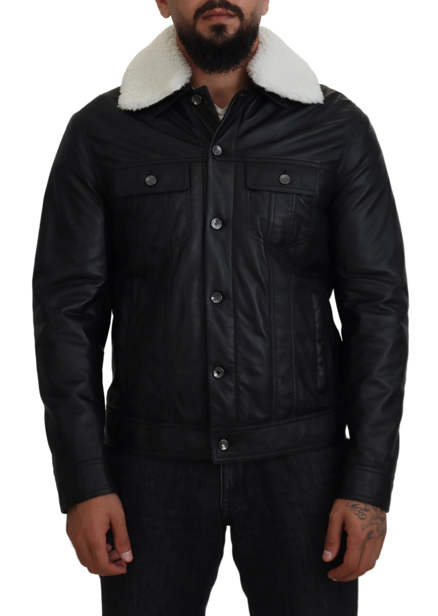 Dolce & Gabbana Black Lamb Leather Collared Men Coat Jacket - IT48 | M - Bomber Jackets
