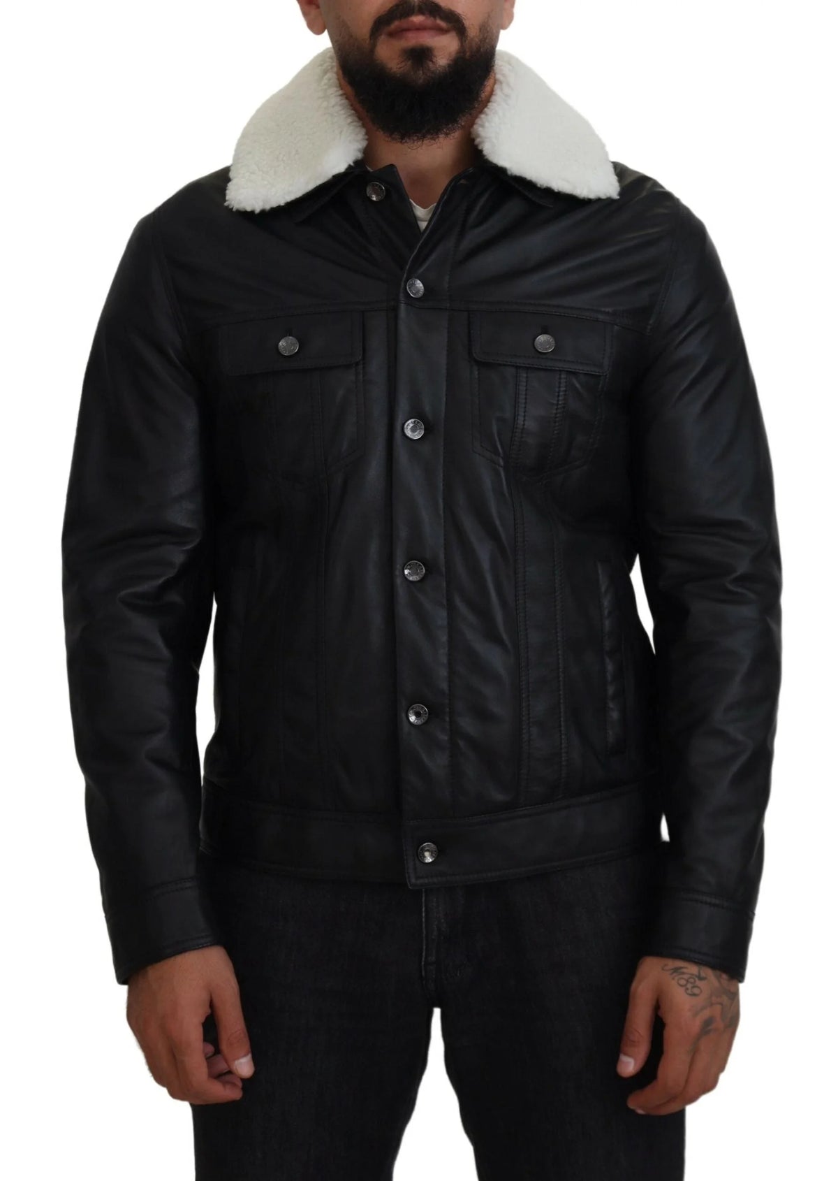 Dolce & Gabbana Black Lamb Leather Collared Men Coat Jacket - IT48 | M - Bomber Jackets