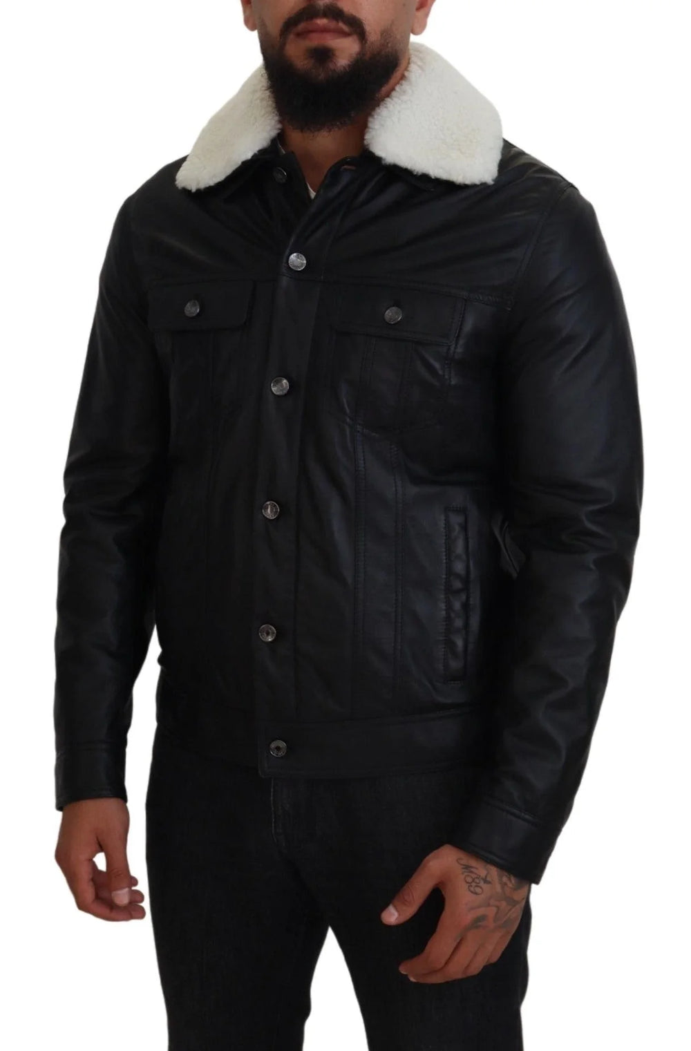 Dolce & Gabbana Black Lamb Leather Collared Men Coat Jacket - IT48 | M - Bomber Jackets