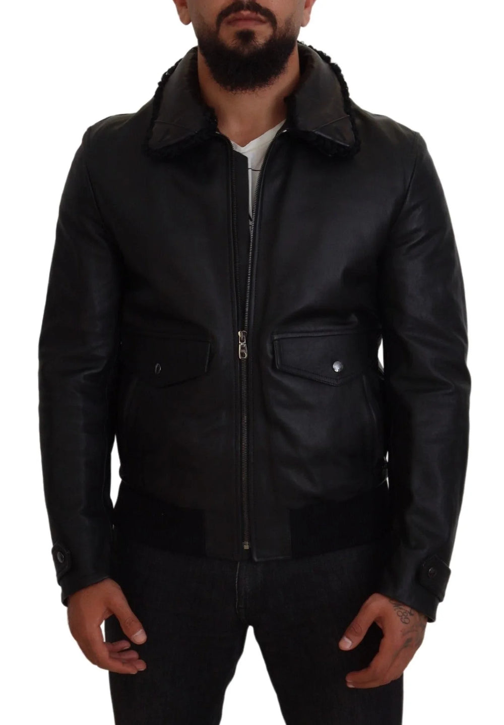 Dolce & Gabbana Black Lamb Leather Collared Men Coat Jacket - IT52 | L - Sport Jackets
