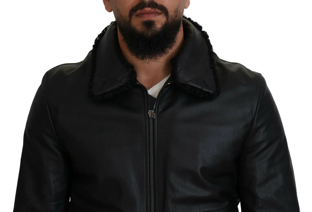 Dolce & Gabbana Black Lamb Leather Collared Men Coat Jacket - IT52 | L - Sport Jackets