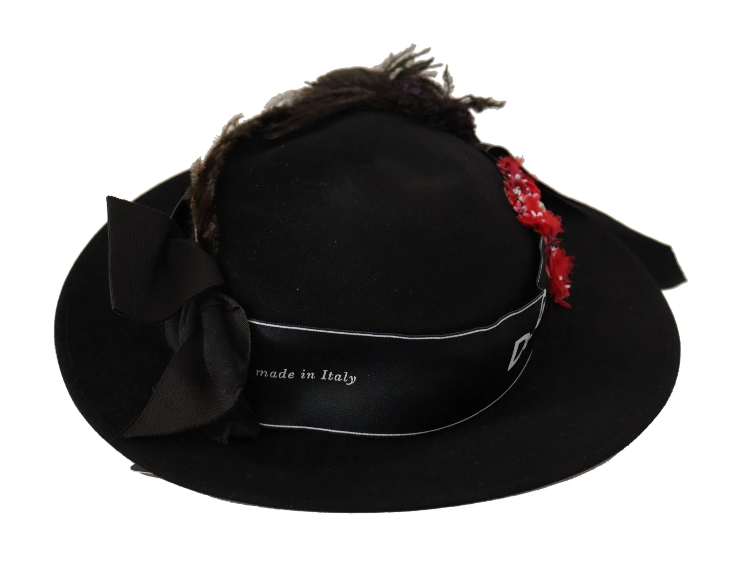 Dolce & Gabbana Black Lapil Crystal Heart Feather Brooch Fedora Hat - 57cm|M