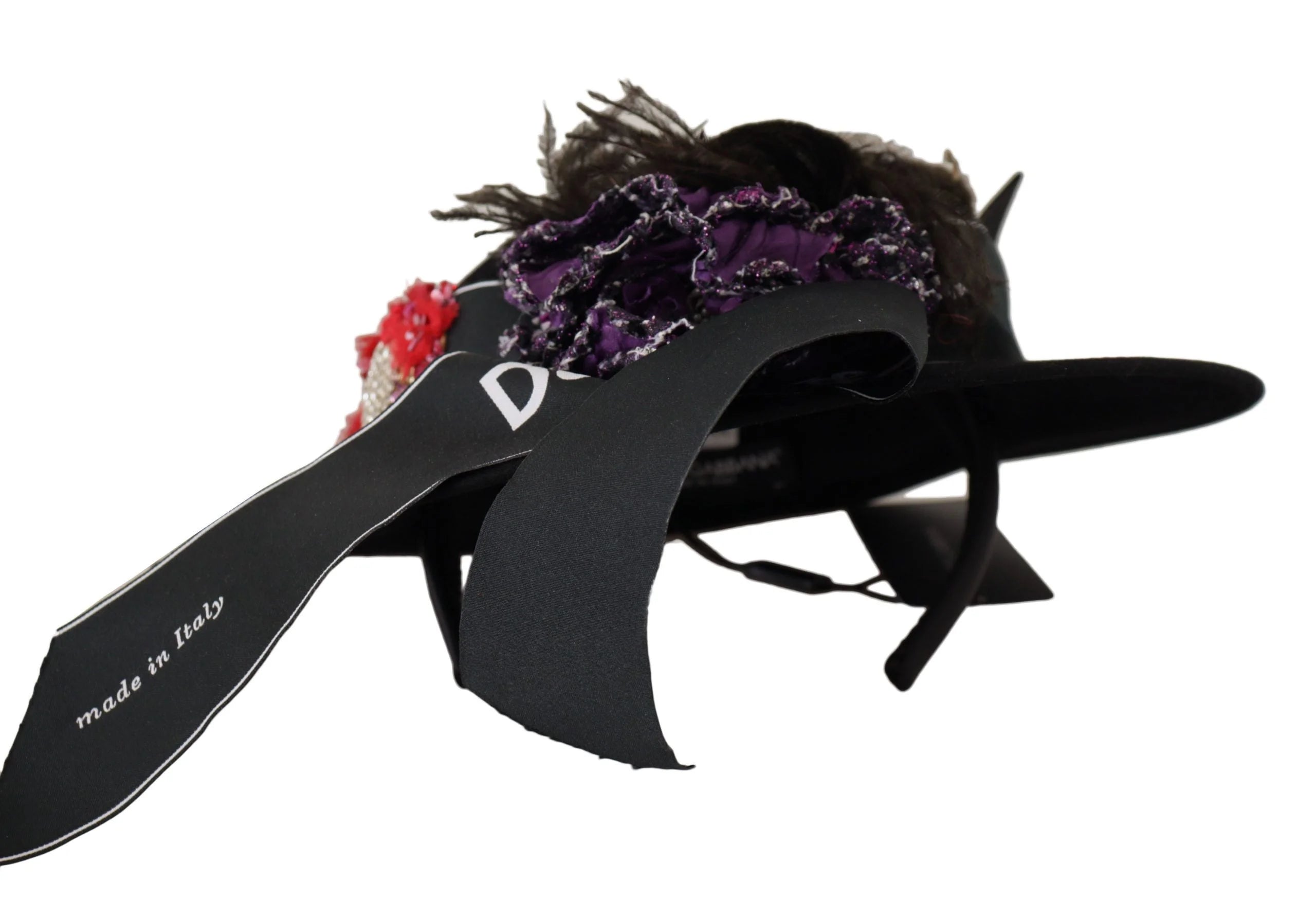 Dolce & Gabbana Black Lapil Crystal Heart Feather Brooch Fedora Hat - 57cm|M