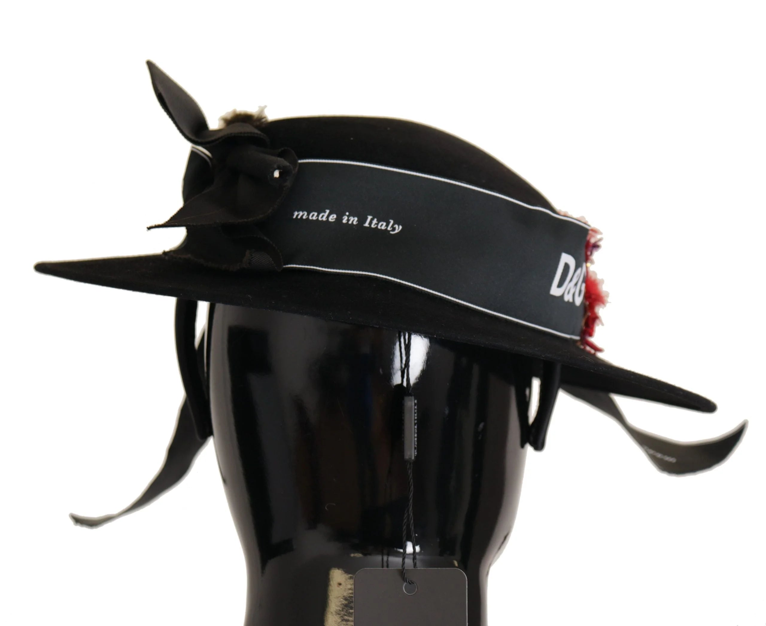 Dolce & Gabbana Black Lapil Crystal Heart Feather Brooch Fedora Hat - 57cm|M