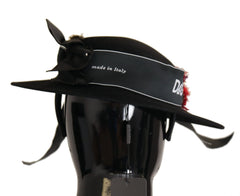 Dolce & Gabbana Black Lapil Crystal Heart Feather Brooch Fedora Hat - 57cm|M