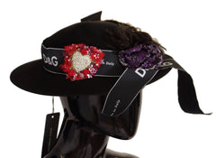 Dolce & Gabbana Black Lapil Crystal Heart Feather Brooch Fedora Hat - 57cm|M