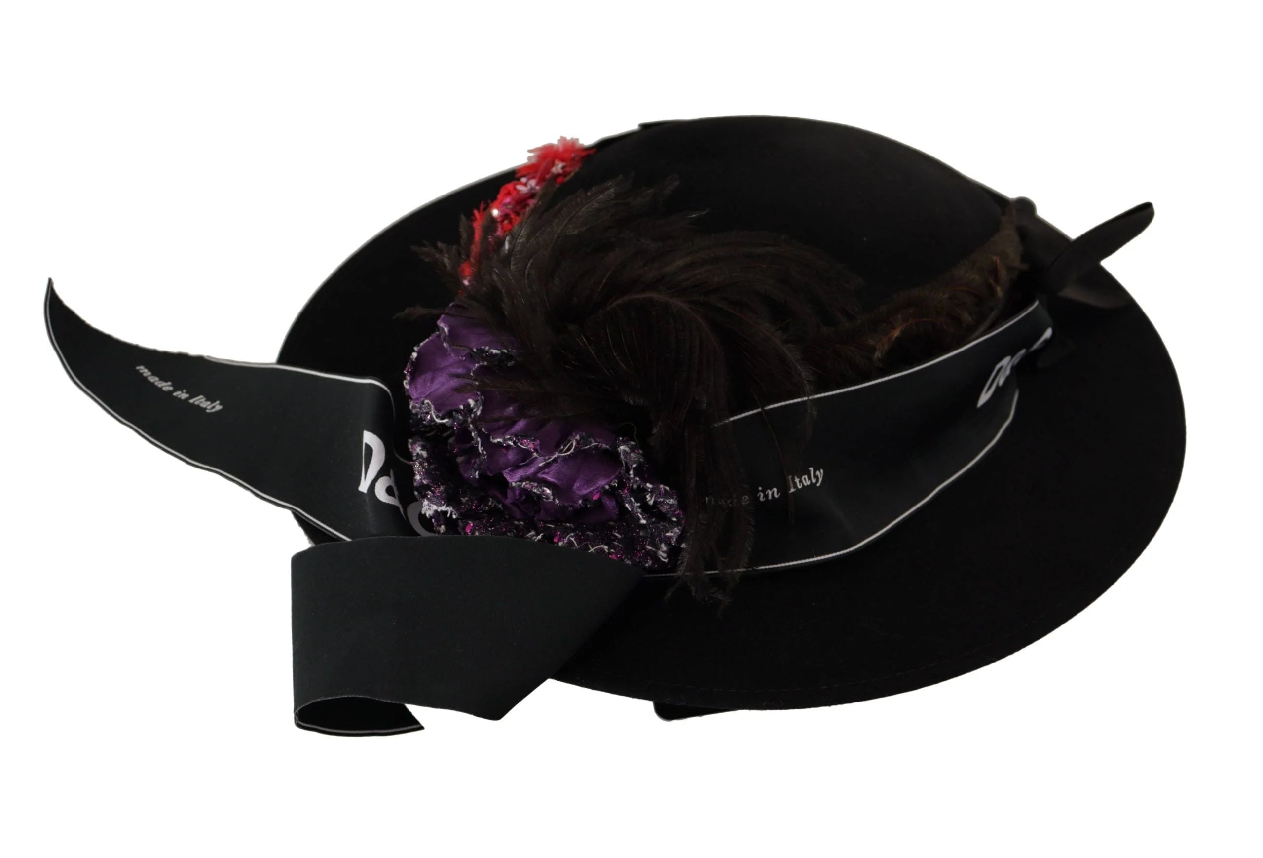 Dolce & Gabbana Black Lapil Crystal Heart Feather Brooch Fedora Hat - 57cm|M
