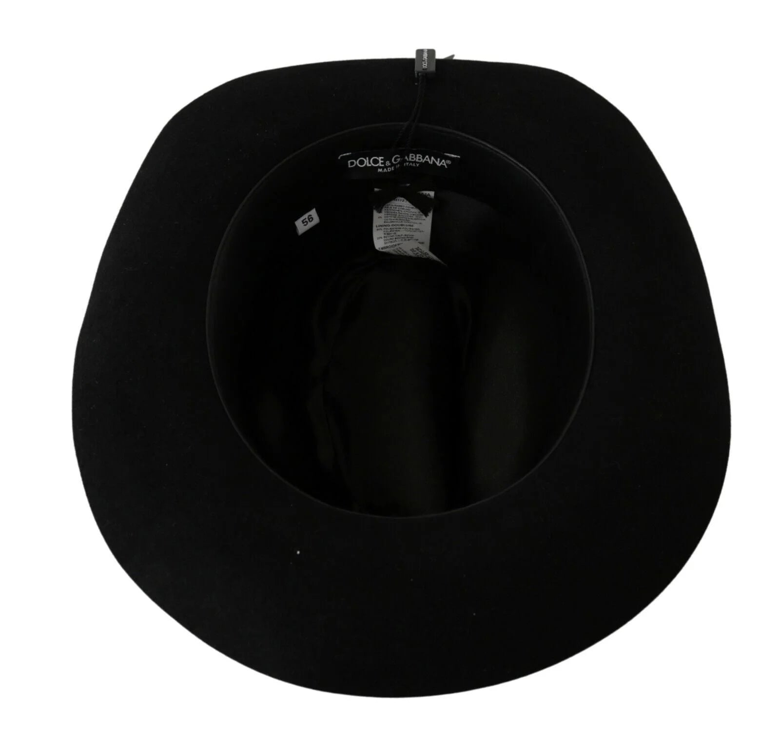 Detalle del interior del sombrero de ala ancha de Dolce & Gabbana con la etiqueta de la marca y el forro de mezcla de algodón y viscosa.