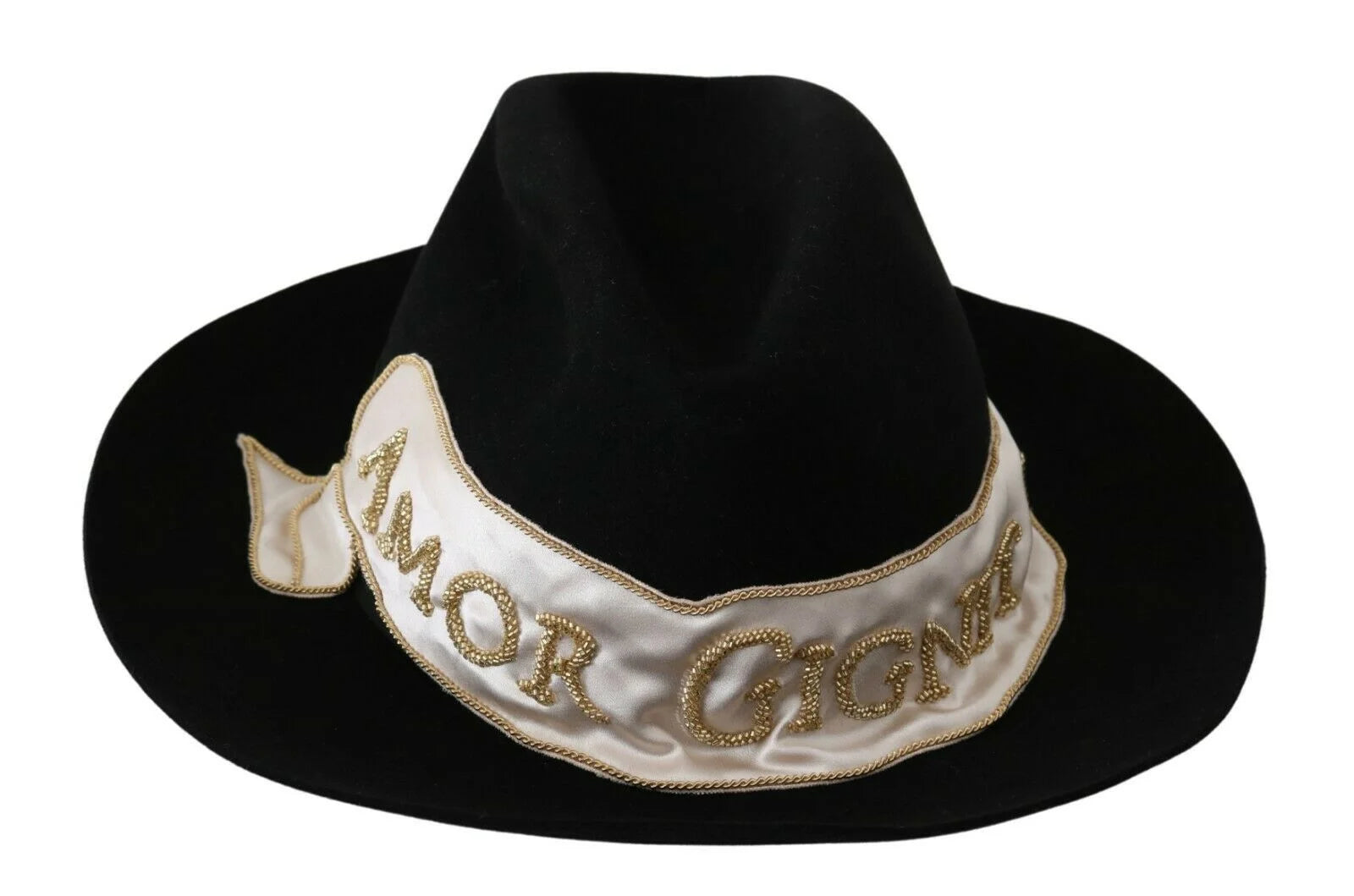 Sombrero Panamá de fieltro de liebre negro Dolce & Gabbana con bordado Amor Gignit, vista frontal.