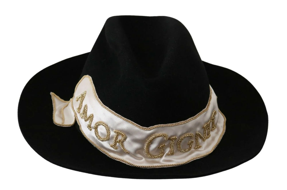 Sombrero Panamá de fieltro de liebre negro Dolce & Gabbana con bordado Amor Gignit, vista frontal.