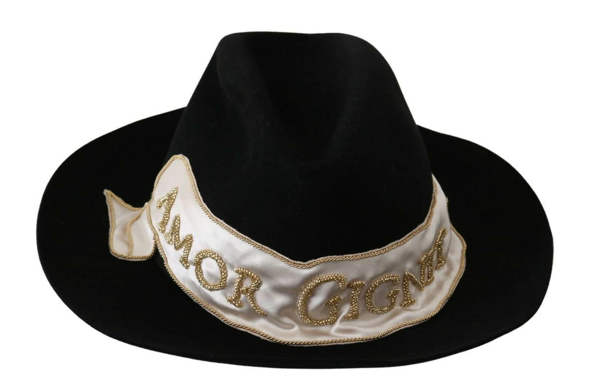 Sombrero Panamá de fieltro de liebre negro Dolce & Gabbana con bordado Amor Gignit, vista frontal.
