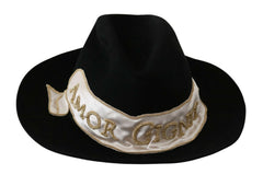 Sombrero Panamá de fieltro de liebre negro Dolce & Gabbana con bordado Amor Gignit, vista frontal.