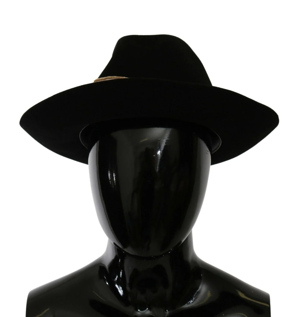 Perfil lateral del sombrero de fieltro de liebre negro Dolce & Gabbana que muestra la corona estructurada y el elegante borde ancho.