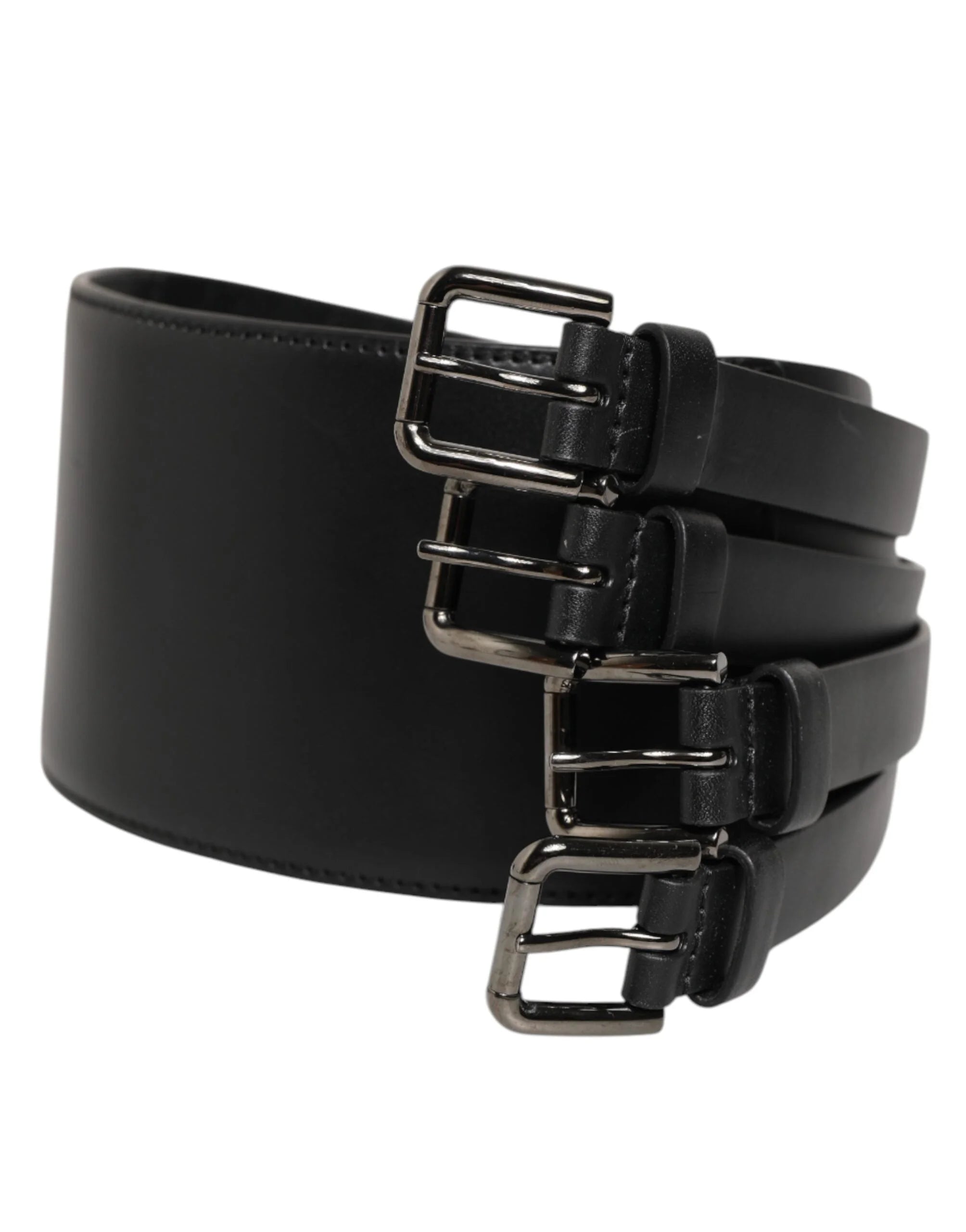 Dolce & Gabbana Black Leather 4-Strap Metal Multi-Buckle Belt - 90 cm / 36 Inches