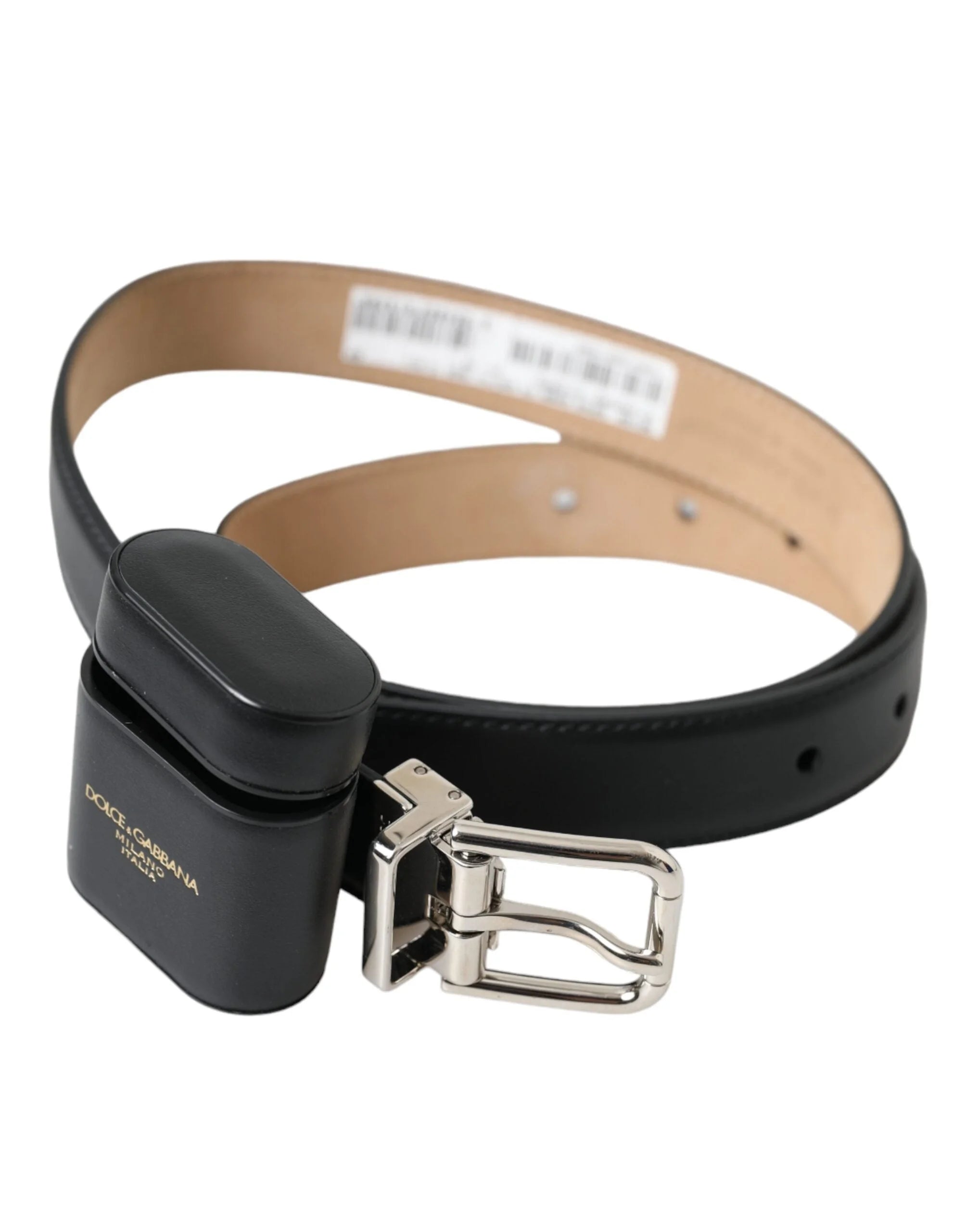 Dolce & Gabbana Black Leather Airpods Case Silver Buckle Belt - 75 cm / 29,5 Inches - Belts