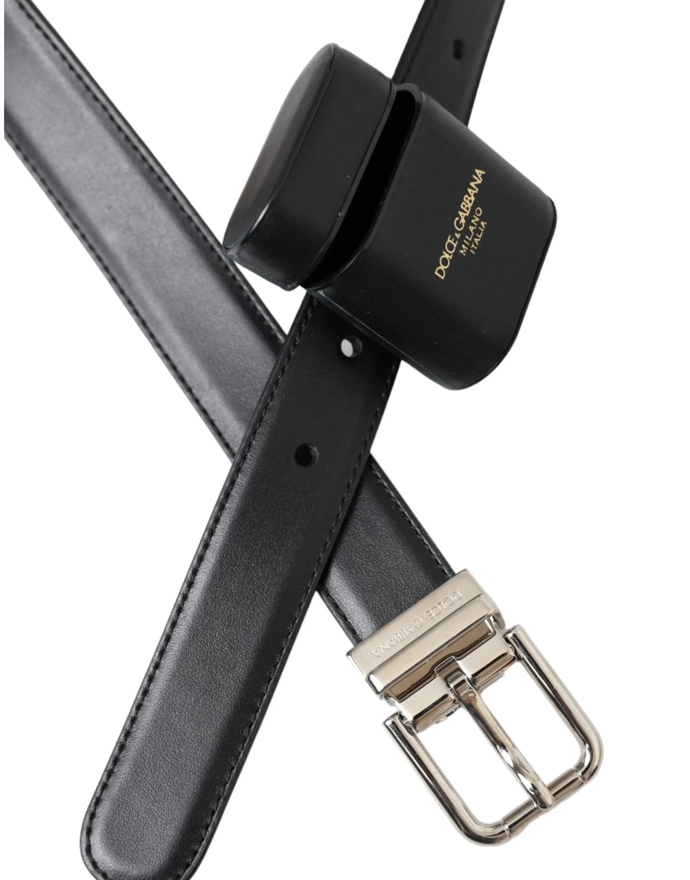 Dolce & Gabbana Black Leather Airpods Case Silver Buckle Belt - 75 cm / 29,5 Inches - Belts