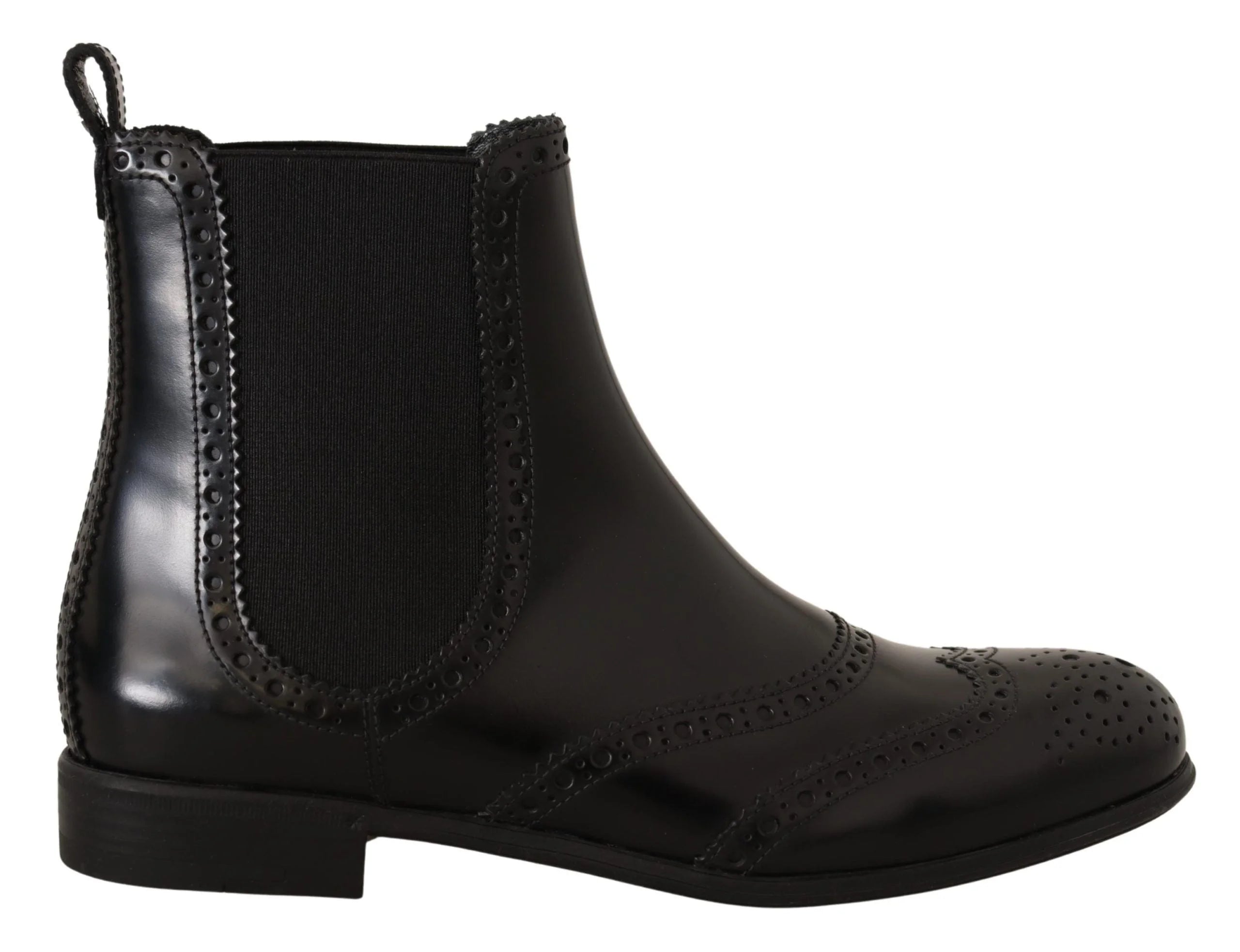 Top-down view of the Dolce & Gabbana black leather Chelsea boots, emphasizing the elegant almond toe shape.