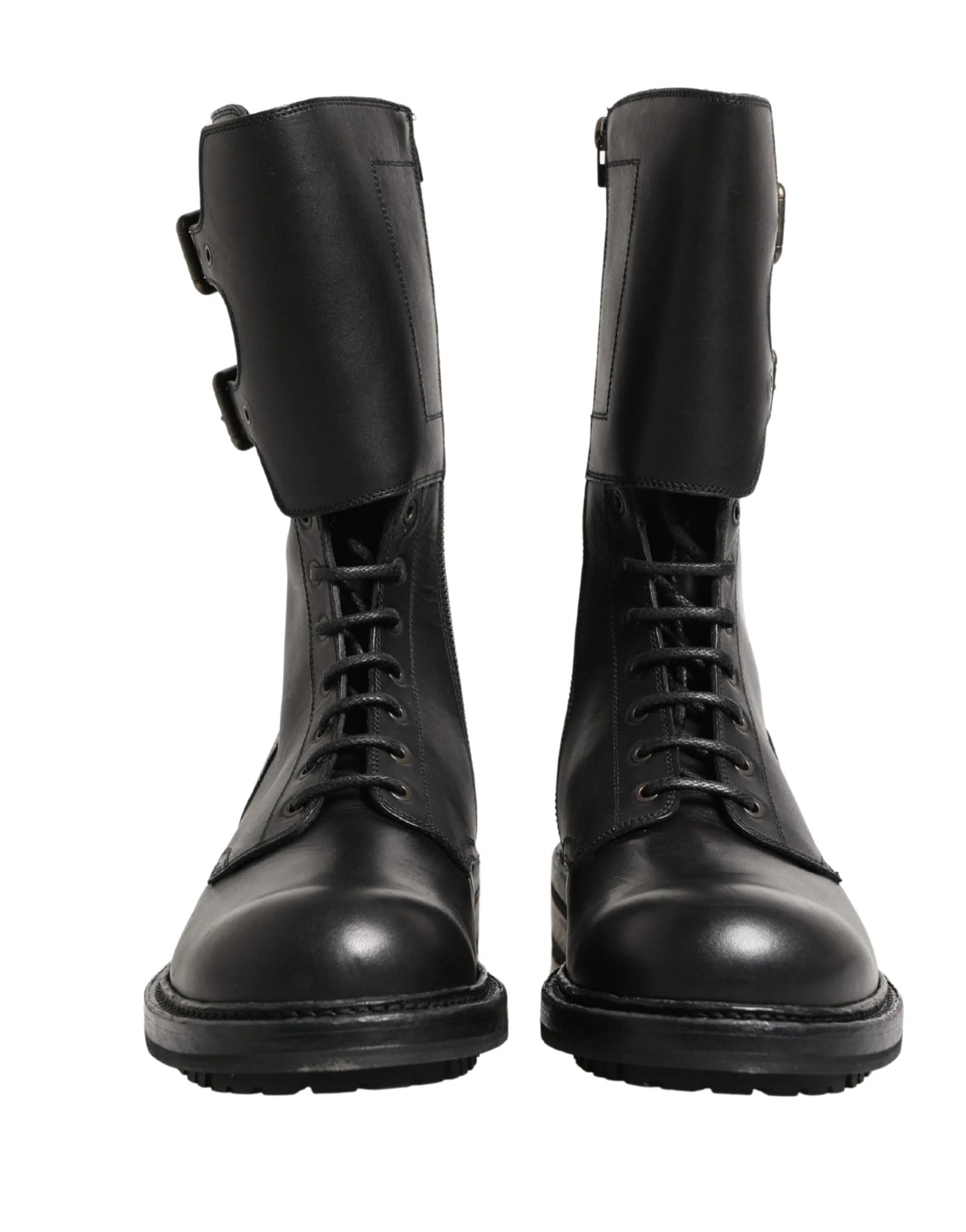 Dolce & Gabbana Black Leather Belted Buckle Combat Boots Shoes - EU44/US11