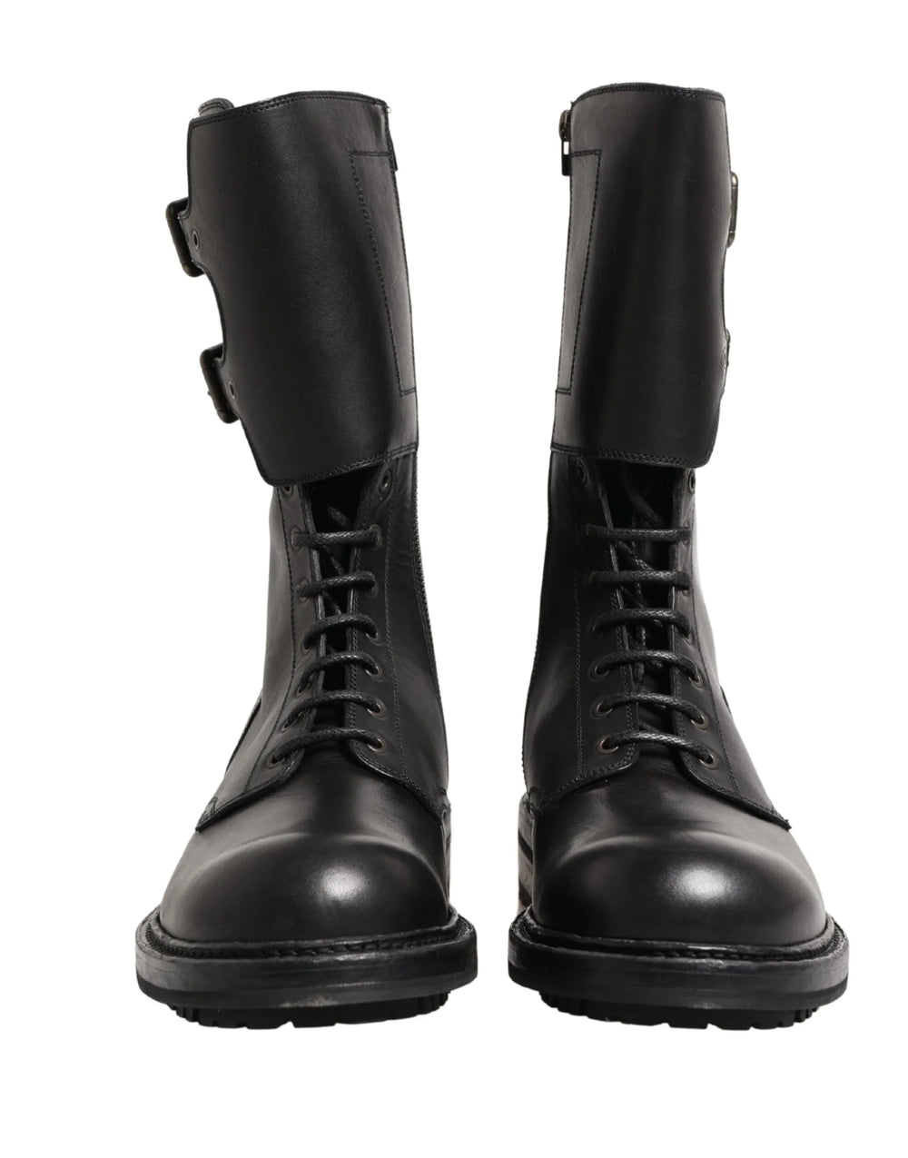 Dolce & Gabbana Black Leather Belted Buckle Combat Boots Shoes - EU44/US11