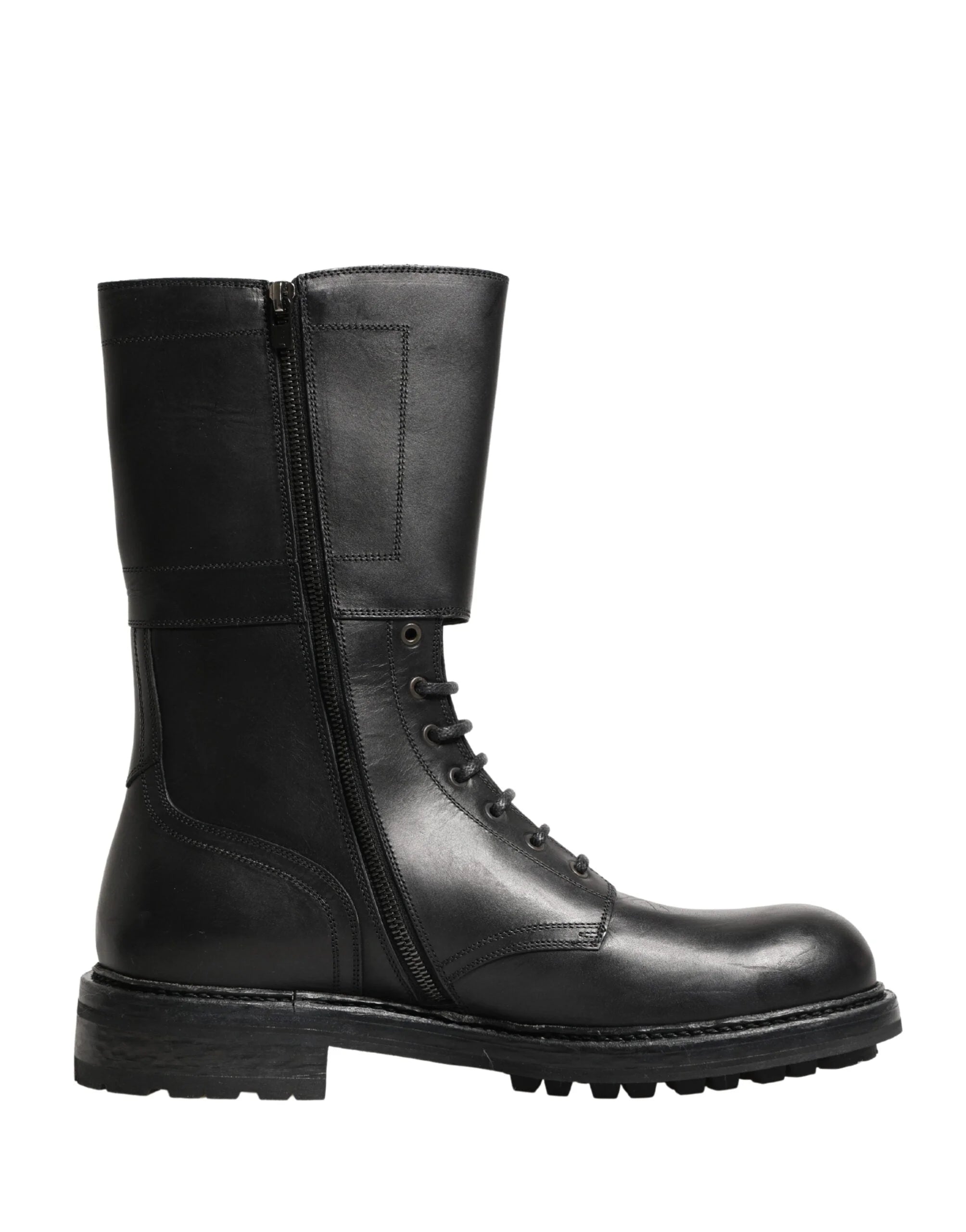 Dolce & Gabbana Black Leather Belted Buckle Combat Boots Shoes - EU44/US11