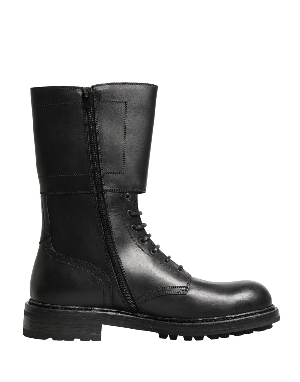 Dolce & Gabbana Black Leather Belted Buckle Combat Boots Shoes - EU44/US11