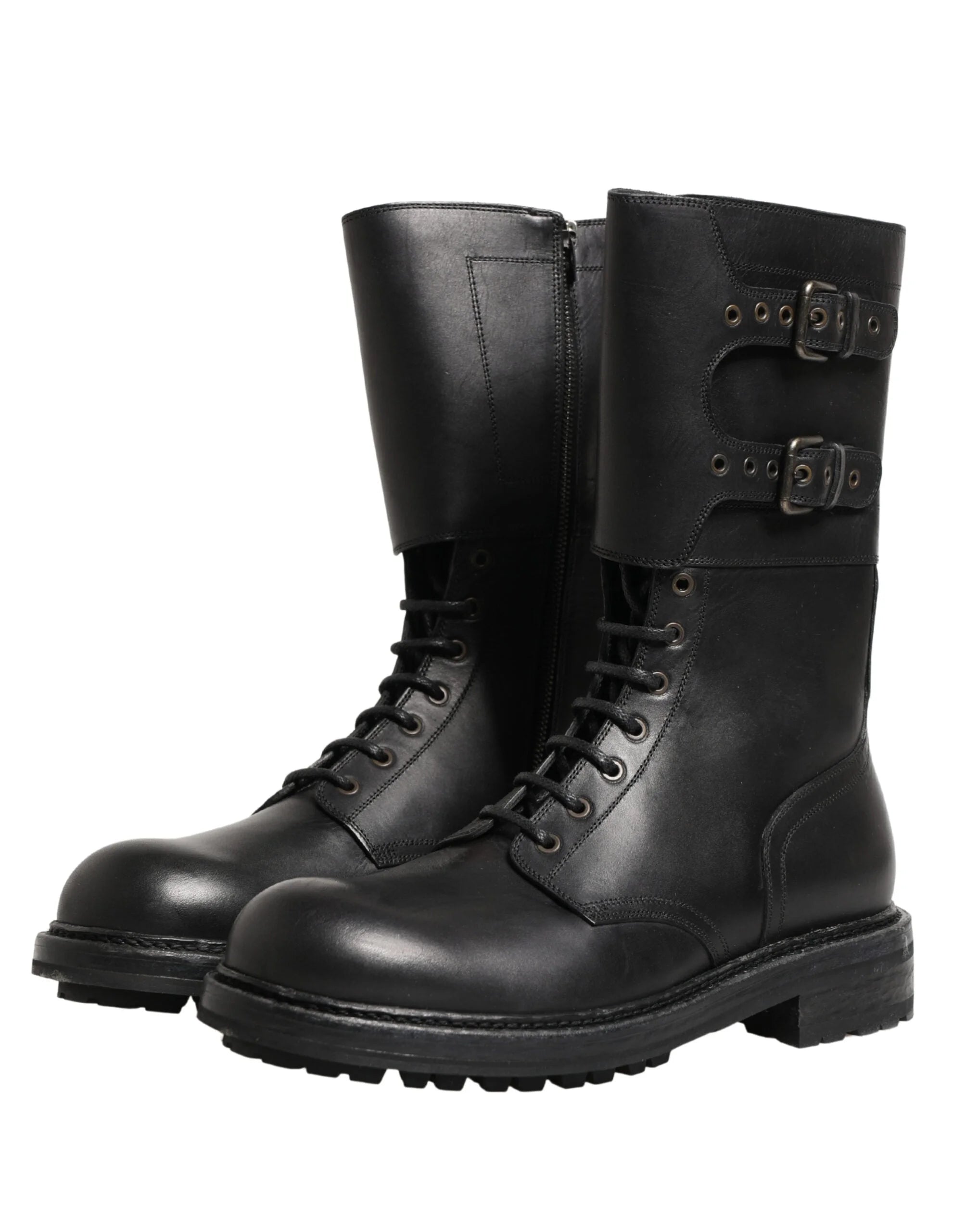 Dolce & Gabbana Black Leather Belted Buckle Combat Boots Shoes - EU44/US11