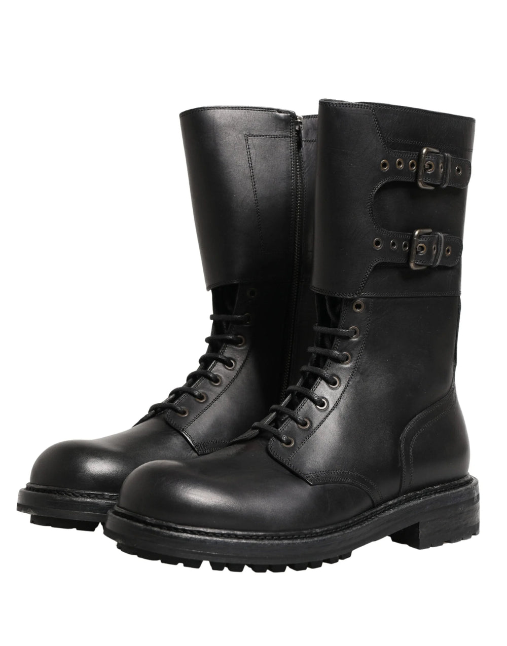 Dolce & Gabbana Black Leather Belted Buckle Combat Boots Shoes - EU44/US11