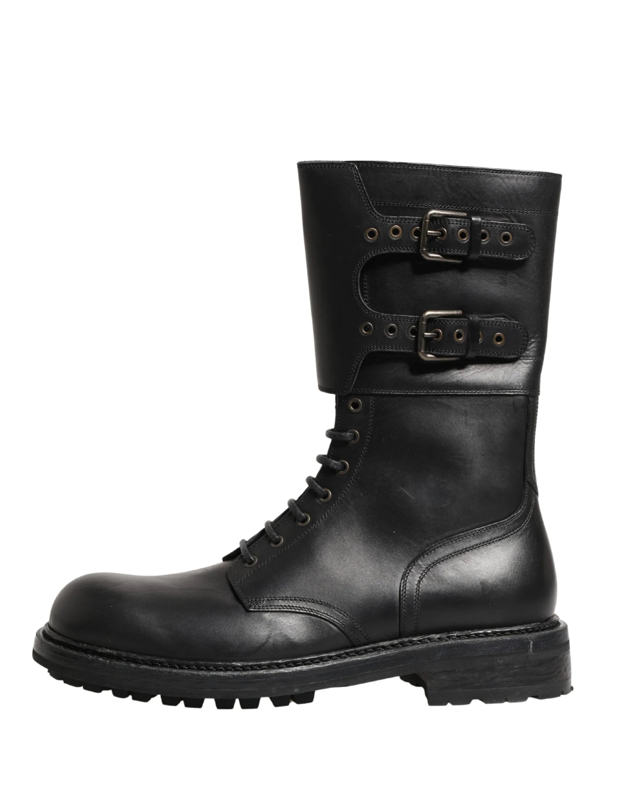 Dolce & Gabbana Black Leather Belted Buckle Combat Boots Shoes - EU44/US11