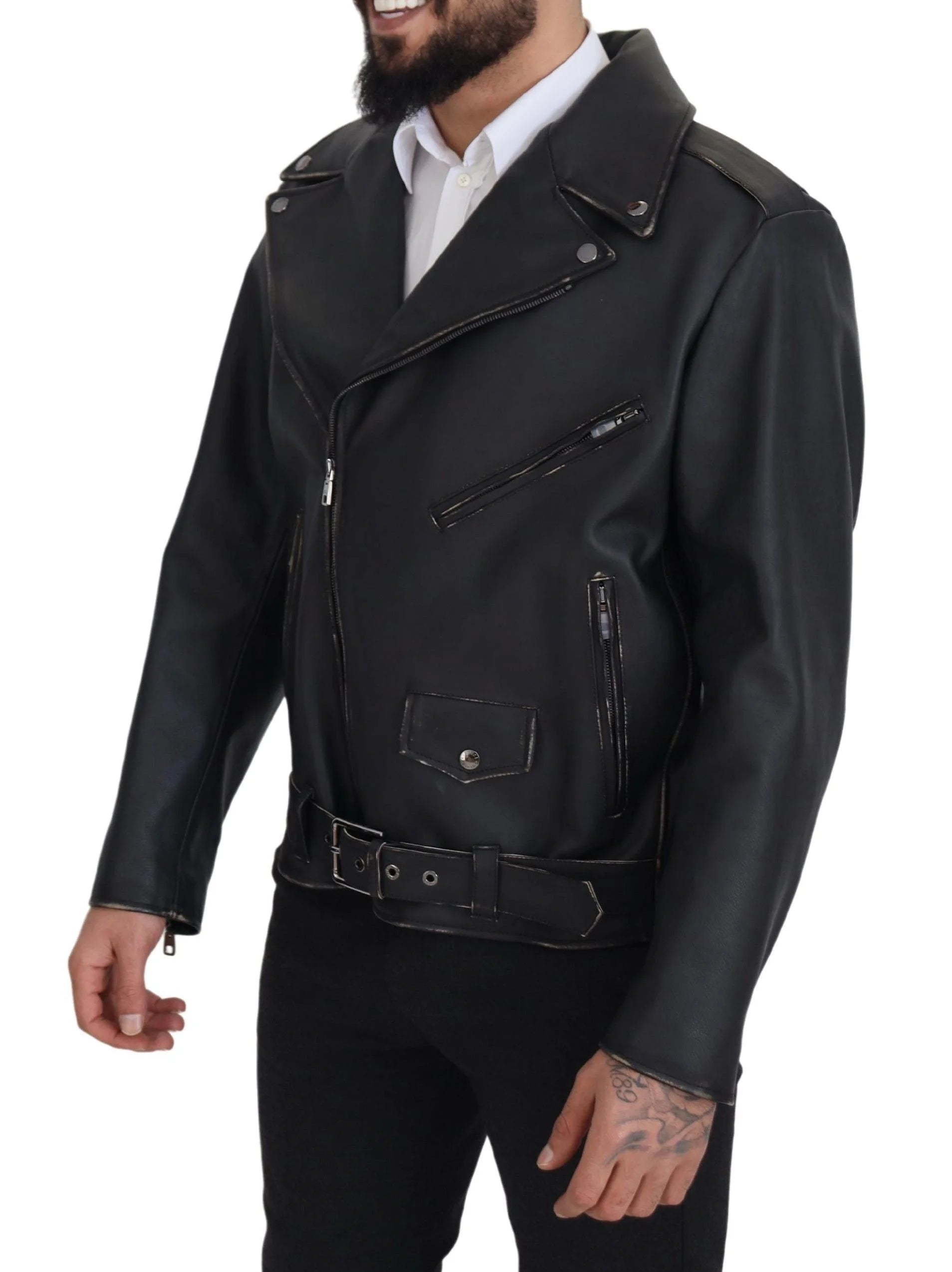 Dolce & Gabbana Black Leather Biker Coat Zipper Jacket - IT46 | S - Motorcycle Outerwear
