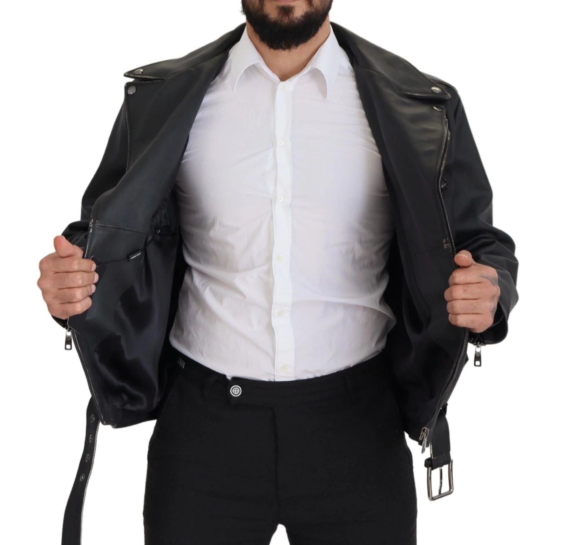 Dolce & Gabbana Black Leather Biker Coat Zipper Jacket - IT46 | S - Motorcycle Outerwear